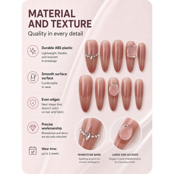 Nude‑Pink Gradient Long Almond Press‑On Nails, Luxury False Nails with Chain Rhinestones & Large Gems